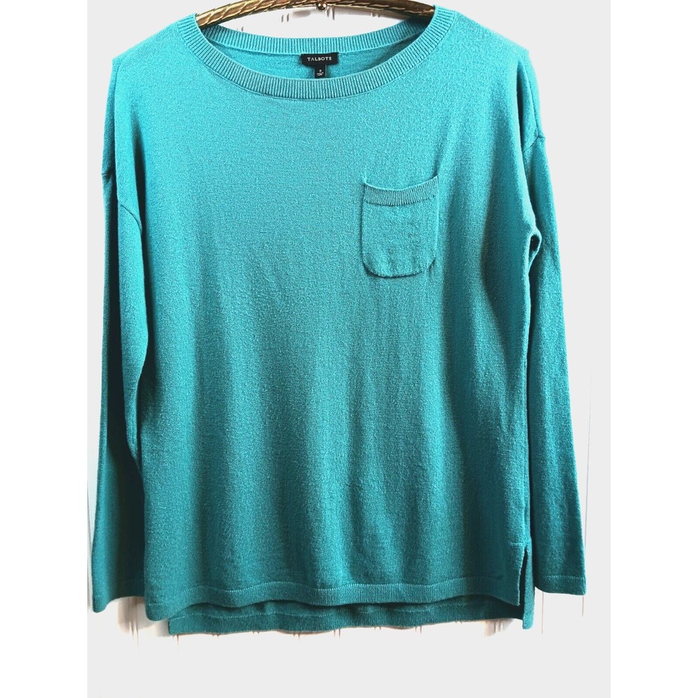 Talbots sweater teal pocket scoop neck sz sm
